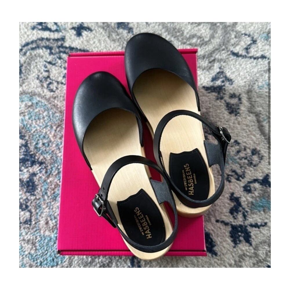 New $248 Womens 8 Covered Swedish Hasbeens Matte Black Clogs Mules Low 2” Heel - Picture 10 of 13